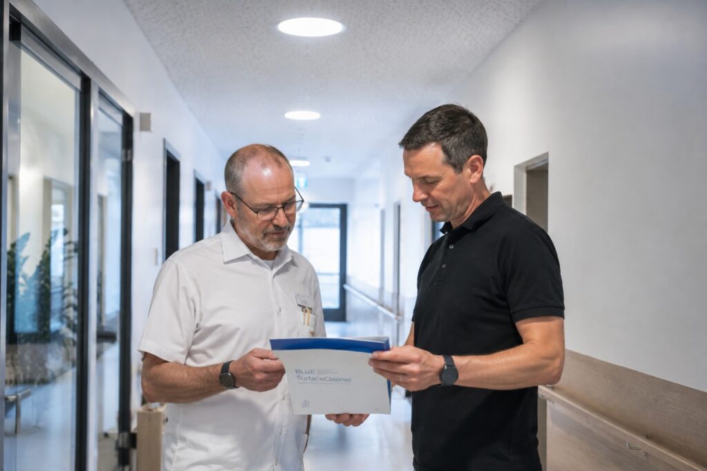 Beratungsgespräch zu SurfaceCleaner-Lösungen im professionellen Reinigungsumfeld