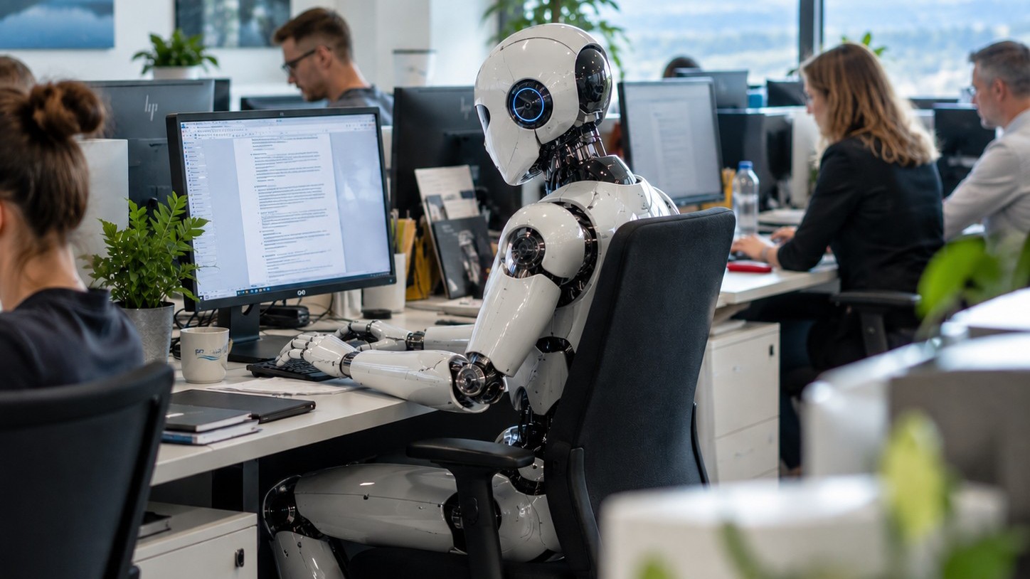 Humanoider Roboter arbeitet gemeinsam mit Menschen in einem Großraumbüro.
