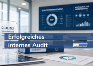 Titelbild zum erfolgreichen internen Audit bei pro aqua mit blauen QM-Ordnern zu Prozessen und KVP vor einem Monitor mit Qualitätsmanagement-Dashboards.