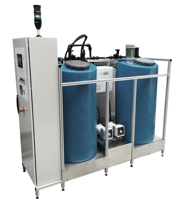 EW-Anlage 300L mit Sole- und Elektrolysewassertank in blau mit Steuerschrank