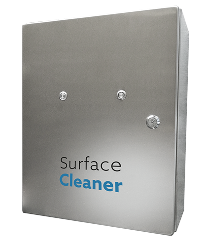 Produktbild SurfaceCleaner-100, rechteckiges Edelstahlgehäuse mit SurfaceCleaner Schriftzug